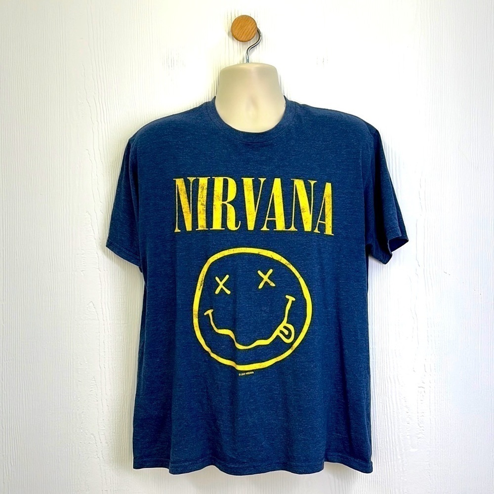 Nirvana - Navy Blue and Yellow Nirvana Smiley Face T Shirt Size Large